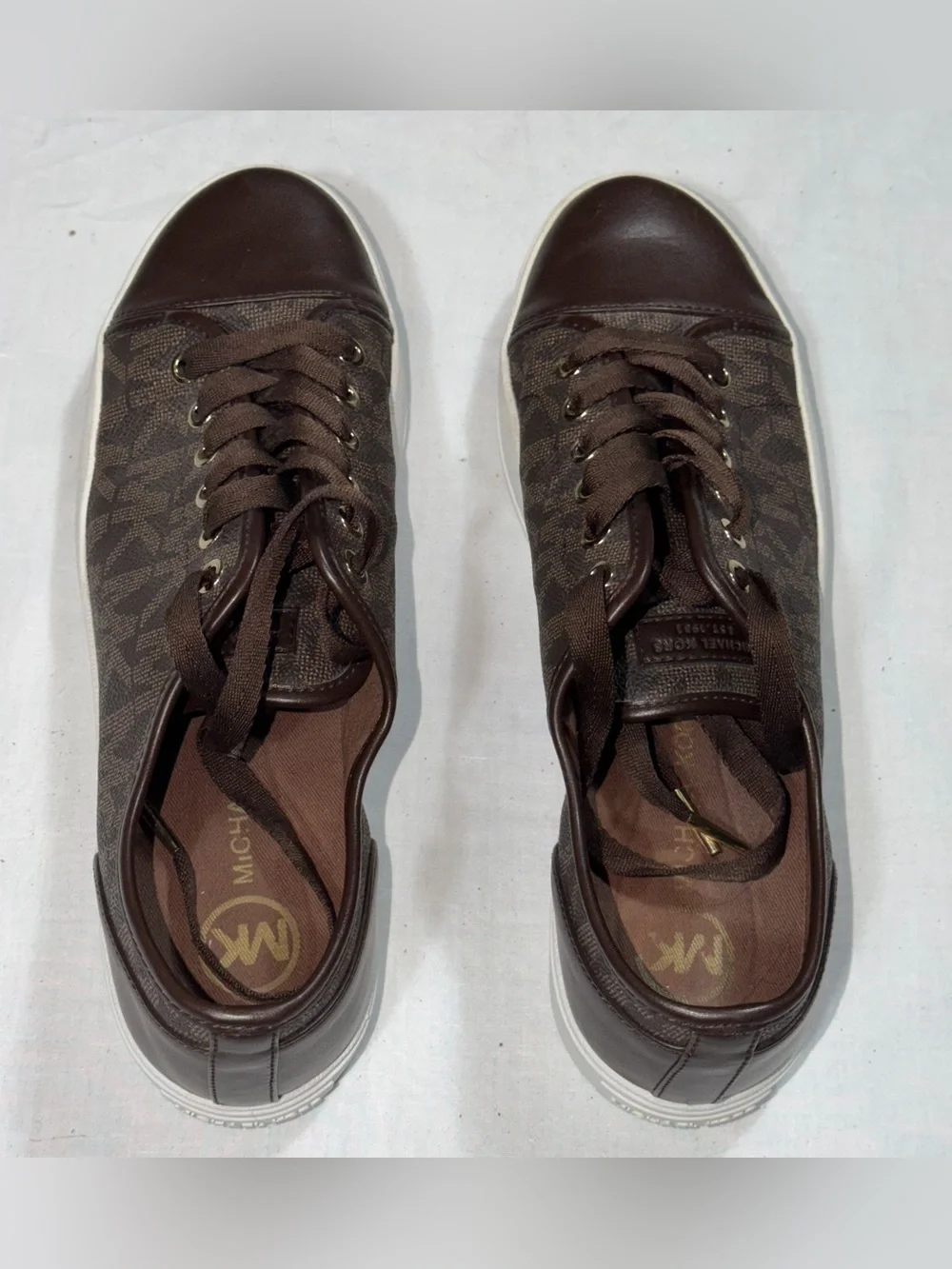 Michael Kors City MK Monogram Sneakers Women 9.5M Brown Leather Lace Up